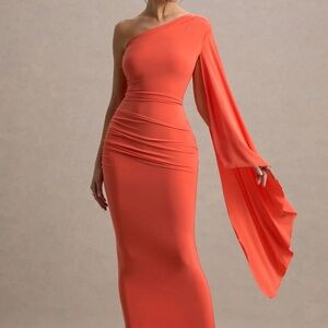 Club L Orange Asymmetrical Cape Sleeve Maxi  Dress